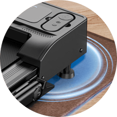 A close-up of a black JT51 treadmill's corner, featuring its sleek control buttons and sturdy support leg on a wooden floor, with a blue circular light effect emanating from underneath.