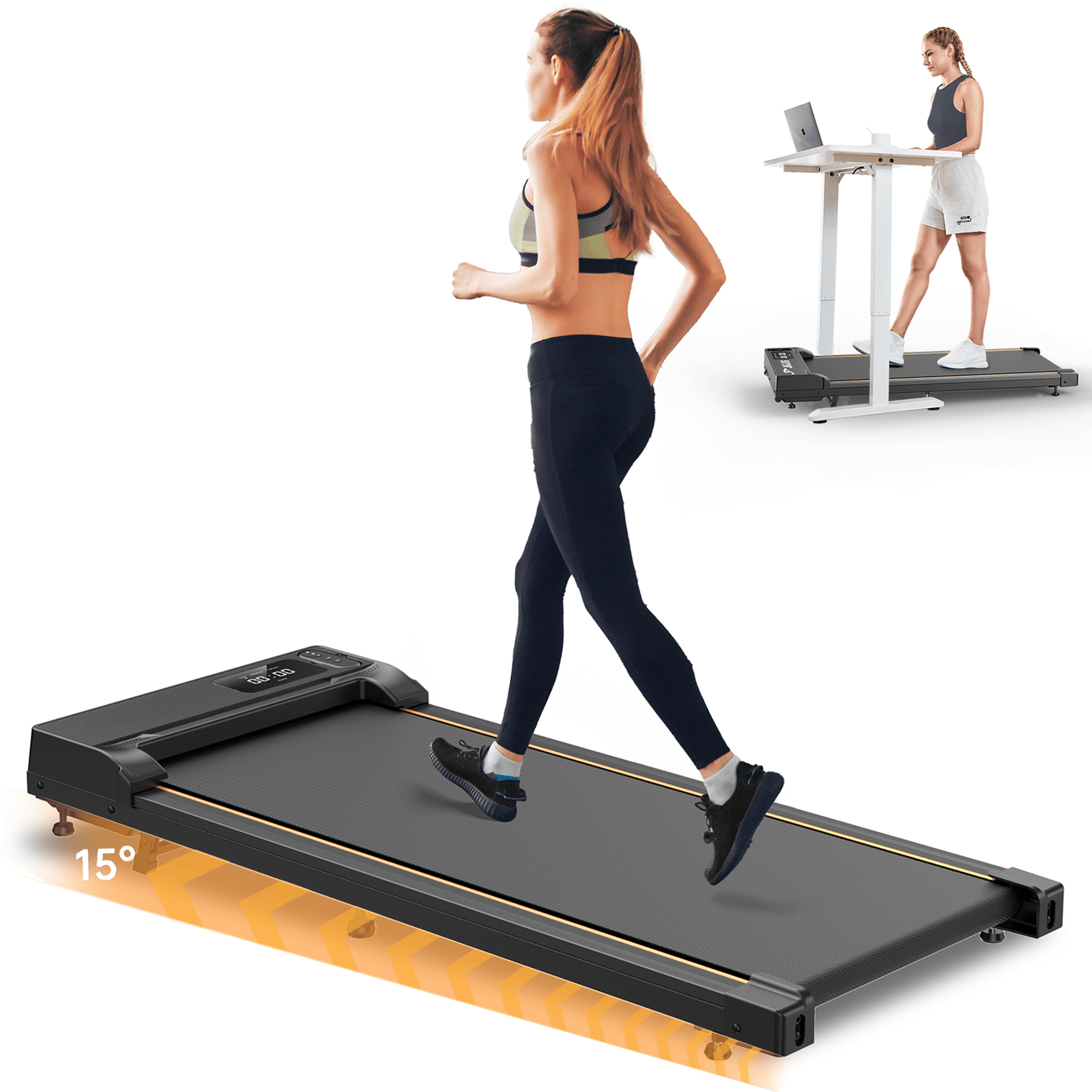 A woman is jogging on a sleek black JT31 treadmill set at a 15-degree incline. In the background, another woman is walking on a treadmill while working at a standing desk with a laptop. Both women are dressed in athletic wear, highlighting a multitasking lifestyle.