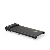 A sleek black treadmill JT31 with a minimalist design, featuring a compact running surface and subtle yellow accents, set on a white background.