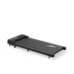 A sleek black treadmill JT31 with a minimalist design, featuring a compact running surface and subtle yellow accents, set on a white background.