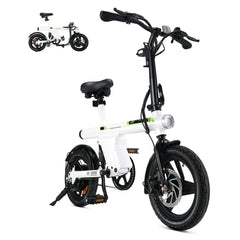 A white folding electric bike with black handlebars and wheels is shown in two views. The bike features a sturdy frame, a comfortable black seat, and a front headlight.