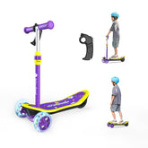 A puple children's scooter minispider with a purple and yellow design features light-up wheels and a playful deck pattern. A remote control is shown alongside. Two images depict a child wearing a blue helmet riding the scooter, highlighting its use and functionality.