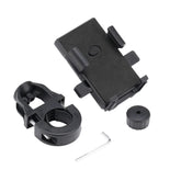 Black bike mount kit with phone holder, clamp, and screw on a white background