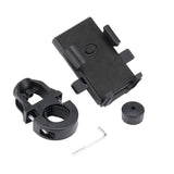 A black bike phone holder set includes a handlebar clamp, a phone mount with adjustable grips, a round tightening knob, and a small Allen wrench, all arranged on a white background.