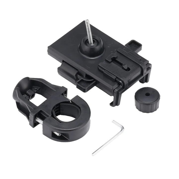 A black bike phone mount kit is shown, featuring a rectangular mounting plate with a screw, a circular clamp, a small adjustment knob, and an Allen wrench, all arranged on a white background.