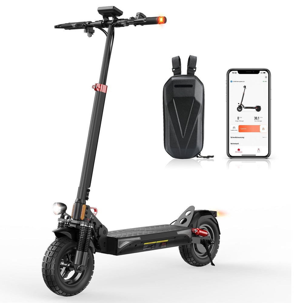 A sleek black electric scooter T4 with robust tires and bright front and rear lights is displayed alongside a smartphone showing a scooter app interface, and a compact black backpack.