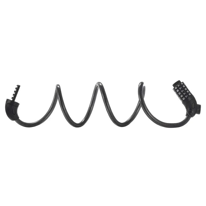 A black coiled cable lock with a combination dial on one end, designed for securing items like bicycles, is shown against a plain white background.