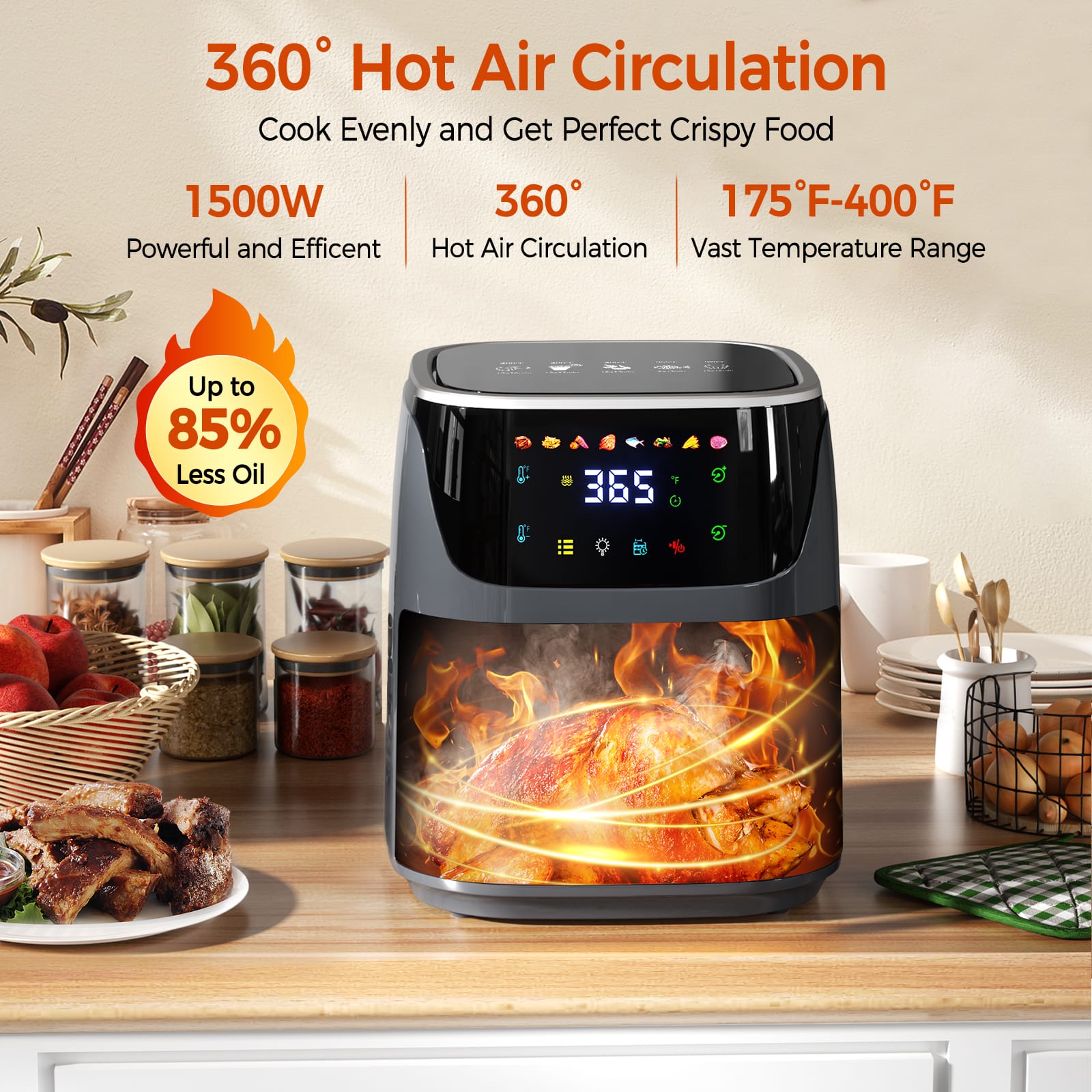 Patbrela Air Fryer 7.5L Oil-Free Air Fryer, 1500W, 8 Pre-Programs with Transparent Window, LED Touchscreen, Max 200°C