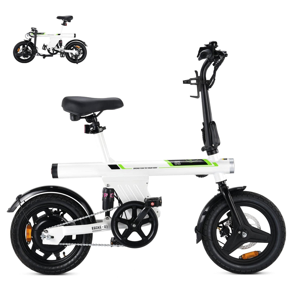 A compact, white electric bike with black accents, featuring a sturdy frame and small wheels, is shown in two views, highlighting its sleek design and portability.