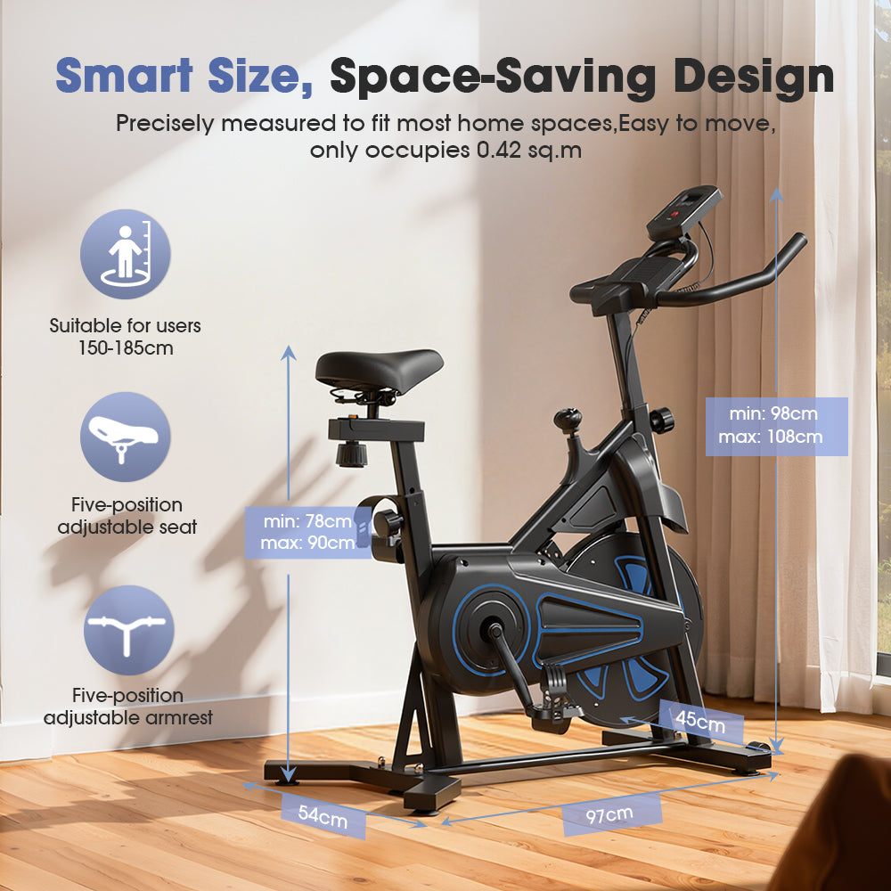 A compact exercise bike with a sleek black design is placed in a sunlit room. It features adjustable components, including a five-position seat and armrest, suitable for users between 150-185 cm. The bike's dimensions are highlighted, showing a space-saving footprint of 0.42 sq.m, with a minimum height of 98 cm and maximum of 108 cm.