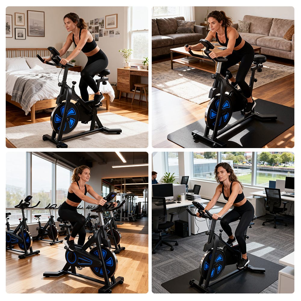 A woman works out on an exercise bike QK116C in various settings: a bedroom, a living room, a gym, and an office. She's wearing a black sports outfit, and the bike features blue accents on the wheels. Each environment is well-lit and showcases different aspects of her fitness routine.