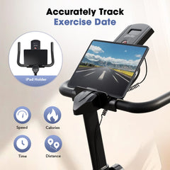 An exercise bike QK116C with a digital display and an iPad holder shows a scenic road on the screen. The image highlights features like speed, calories, time, and distance tracking.