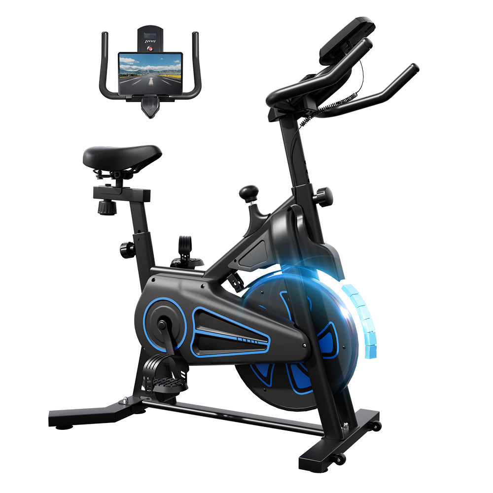 A sleek black exercise bike QK116C with blue accents features an adjustable seat, a digital display on the handlebars, and a tablet holder showing a cycling route.