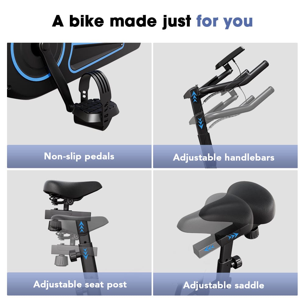 The image showcases a stationary bike QK116C with four features: non-slip pedals, adjustable handlebars, an adjustable seat post, and an adjustable saddle, emphasizing customization for comfort.