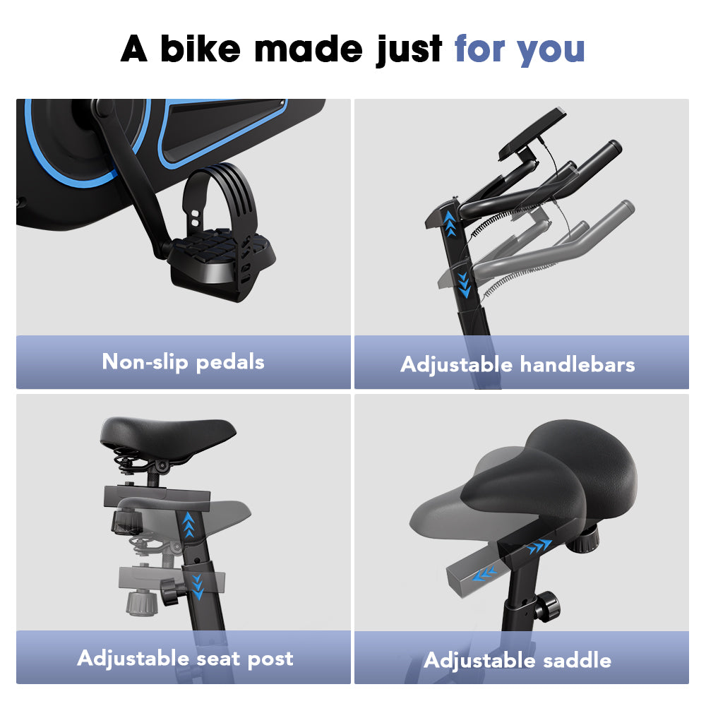 The image showcases a stationary bike QK116C with four features: non-slip pedals, adjustable handlebars, an adjustable seat post, and an adjustable saddle, emphasizing customization for comfort.