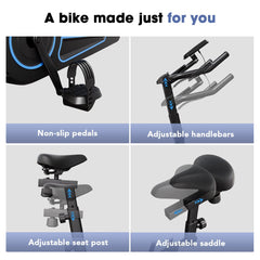 The image showcases a stationary bike QK116C with four features: non-slip pedals, adjustable handlebars, an adjustable seat post, and an adjustable saddle, emphasizing customization for comfort.