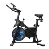 A sleek black stationary exercise bike QK116C with blue accents on the flywheel, featuring an adjustable seat and handlebars, set against a plain white background.