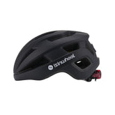 A sleek black bicycle helmet with the "isinwheel" logo on the side, featuring multiple ventilation slots and a small red light at the back for added safety.