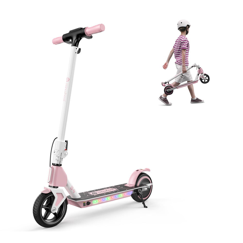 A pink and white electric scooter S4 with colorful LED lights on the base is displayed prominently. In the background, a child wearing a helmet and striped shirt is seen walking while carrying the folded scooter.