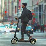 Person riding an electric scooter on a city street with blurred background