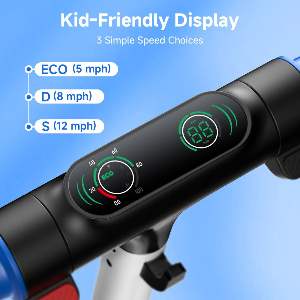 Child riding blue S4 kids electric scooter outdoors safely