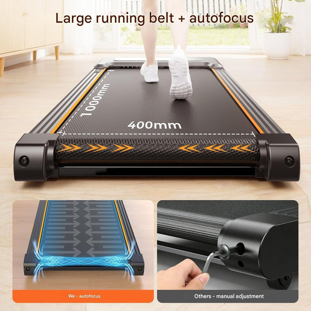 A person is walking on a sleek, black treadmill with a large running belt measuring 1000mm by 400mm. The treadmill is indoors, with sunlight streaming in through a window. The lower part of the image highlights the treadmill's autofocus feature, contrasting it with a manual adjustment option.