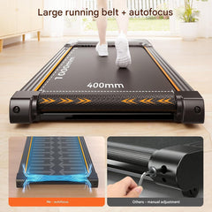 A person is walking on a sleek, black treadmill with a large running belt measuring 1000mm by 400mm. The treadmill is indoors, with sunlight streaming in through a window. The lower part of the image highlights the treadmill's autofocus feature, contrasting it with a manual adjustment option.