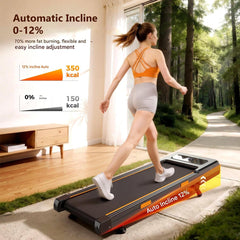 A woman exercises on a treadmill with an automatic incline feature inside a bright room with a large window showing a forest path. She wears an orange sports top and gray shorts, highlighting her active movement. The treadmill displays "Auto Incline 12%," emphasizing its adjustable incline capability.