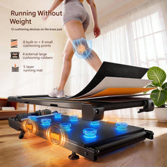 A person runs on a treadmill in a bright room, showcasing the treadmill's features like 12 cushioning devices and a 5-layer running mat. Blue and orange highlights emphasize the cushioning technology beneath the mat.