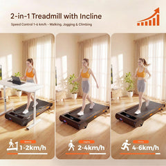 A woman uses a 2-in-1 treadmill with incline in a bright room with wooden floors and curtains. She is shown in three scenarios: walking at 1-2 km/h with a laptop on a desk, jogging at 2-4 km/h, and climbing at 4-6 km/h. She wears an orange top and gray shorts, with a potted plant nearby.