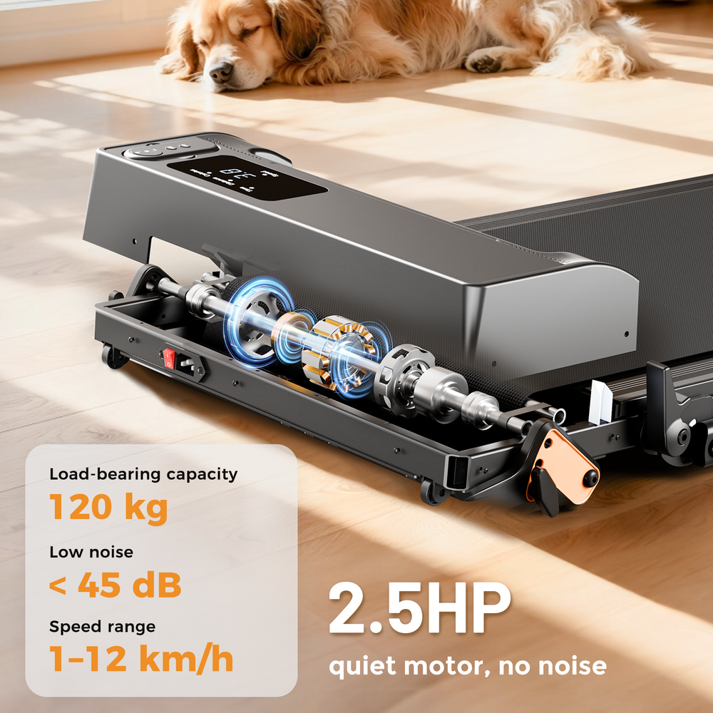 A treadmill JT52 with an exposed motor is displayed on a wooden floor, showcasing its internal components. Nearby, a dog is peacefully sleeping. Text highlights the treadmill's features: a load-bearing capacity of 120 kg, noise level under 45 dB, speed range of 1-12 km/h, and a quiet 2.5HP motor.
