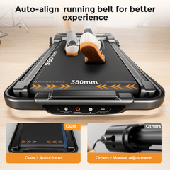 A treadmill JT52 with a person running on it features an auto-align running belt, measuring 950mm by 380mm, for an improved experience. The control panel shows speed and start/stop options. Insets compare the treadmill's auto-focus feature with others' manual adjustment.