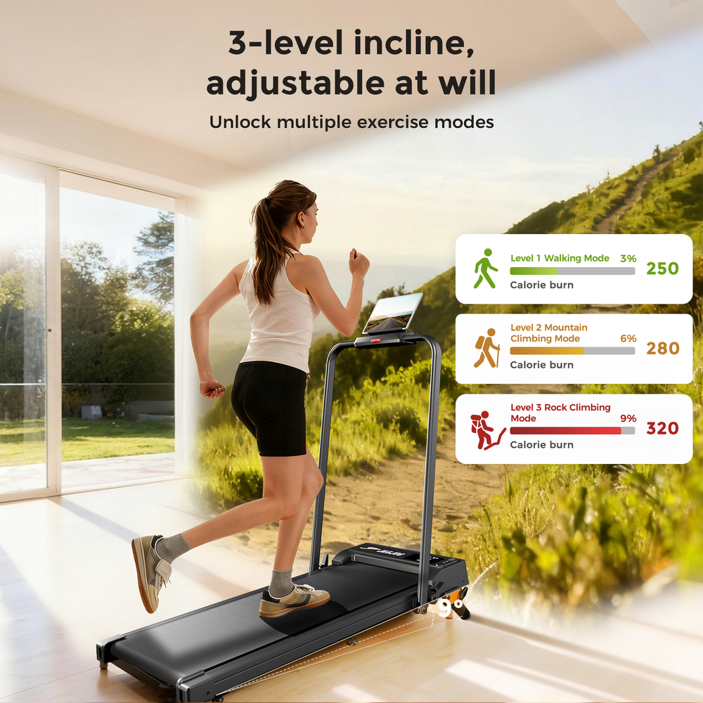 A woman exercises on a treadmill JT52 with a bright indoor setting, featuring a digital display. The treadmill offers a 3-level incline with modes for walking, mountain climbing, and rock climbing, each showing different calorie burn rates.