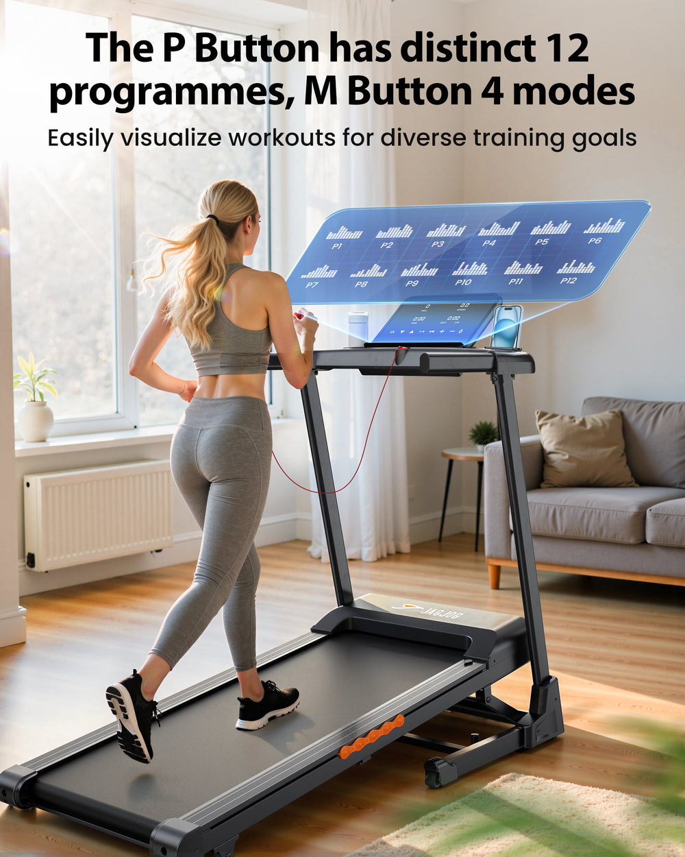 A woman in athletic wear is using a treadmill in a bright living room, with a large digital display showing various workout programs. The text above highlights the features of the treadmill's P and M buttons for diverse training goals.
