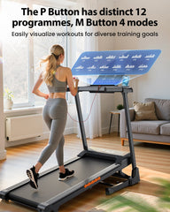 A woman in athletic wear is using a treadmill in a bright living room, with a large digital display showing various workout programs. The text above highlights the features of the treadmill's P and M buttons for diverse training goals.