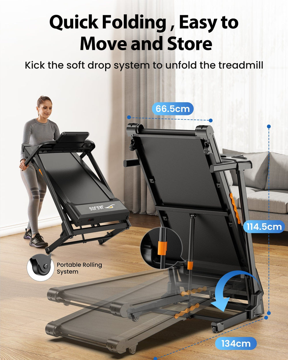 A woman demonstrates folding a sleek black treadmill JT61 with a soft drop system in a living room setting. The treadmill features a portable rolling system, and dimensions are highlighted: 66.5 cm in width, 114.5 cm in height, and 134 cm in length.