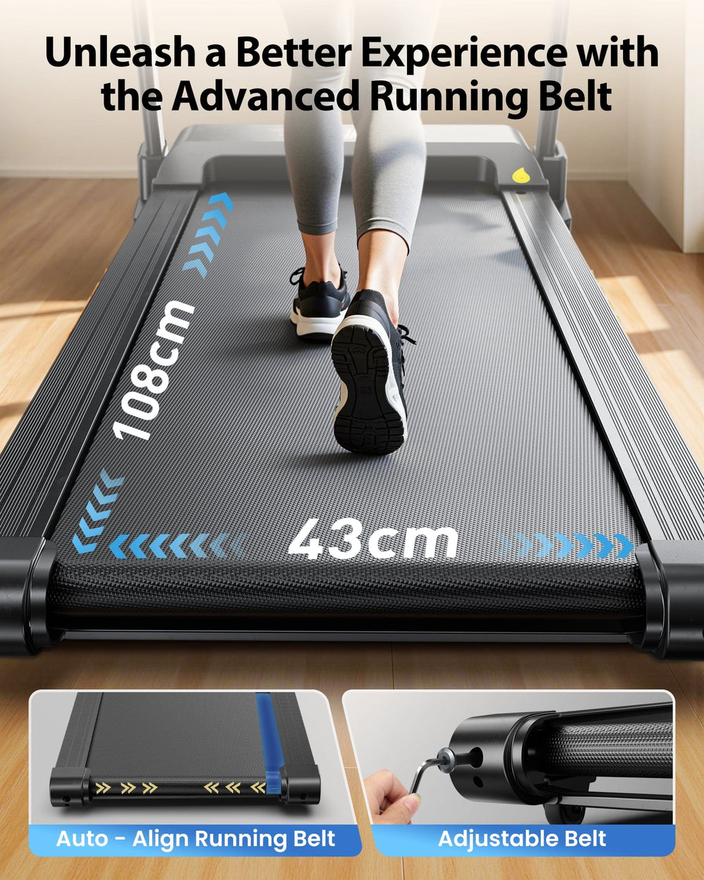 A person in athletic shoes runs on a treadmill with a wide, advanced running belt measuring 108 cm by 43 cm, set in a bright room with wooden flooring. The image highlights features like an auto-align running belt and adjustable belt tension.