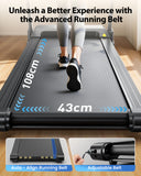 A person in athletic shoes runs on a treadmill with a wide, advanced running belt measuring 108 cm by 43 cm, set in a bright room with wooden flooring. The image highlights features like an auto-align running belt and adjustable belt tension.
