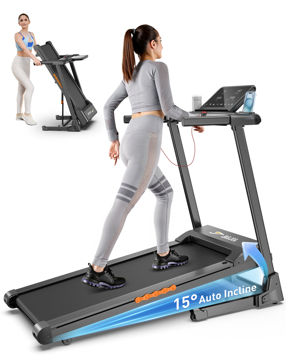 A woman in athletic wear walks on a treadmill JT61 set to a 15-degree auto incline. The treadmill features a sleek design with a digital display and cup holder. In the background, the same woman folds the treadmill for storage, highlighting its compact and portable design.