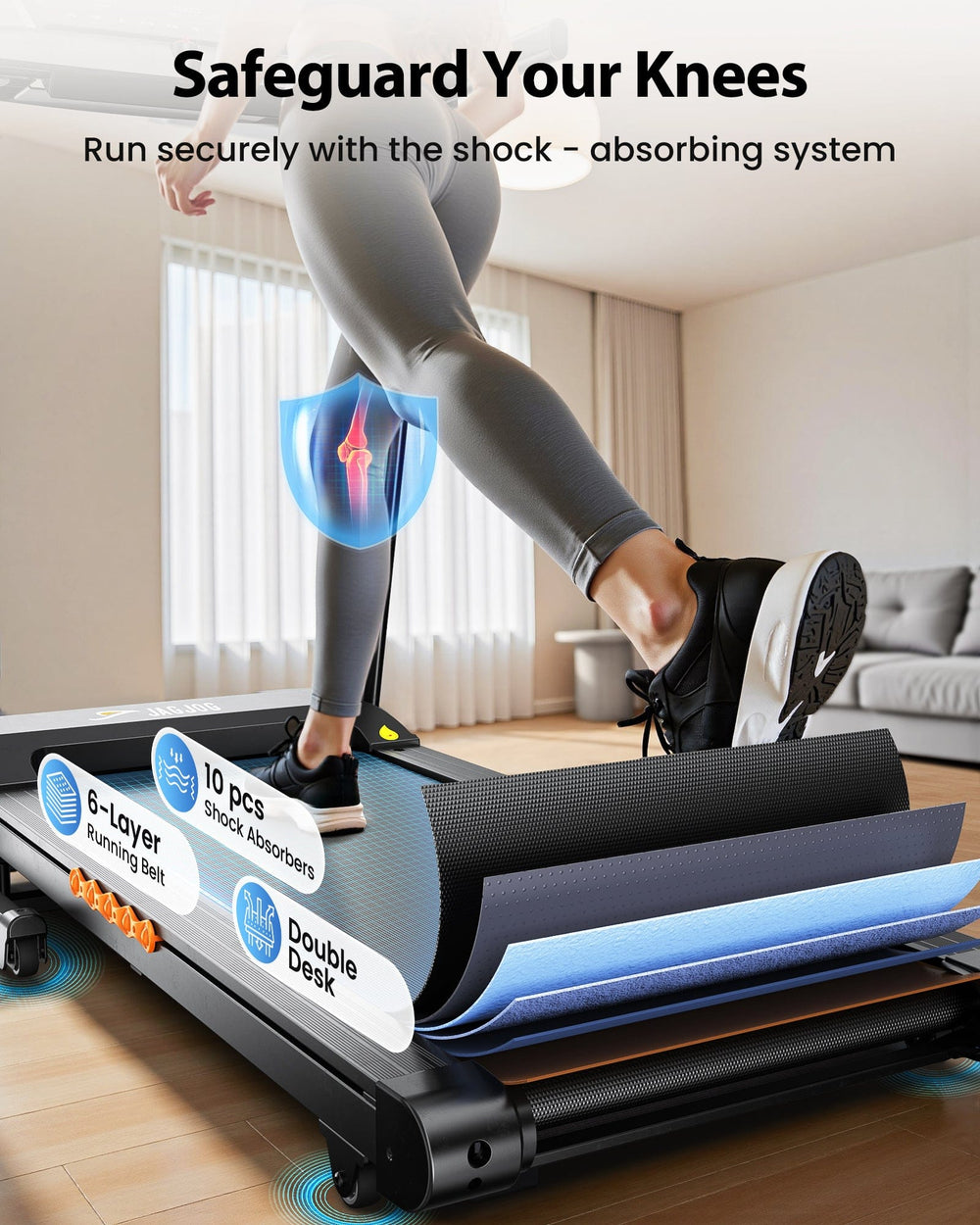 A person runs on a treadmill JT61 in a bright room, highlighting a knee protection feature with a shield graphic. The treadmill showcases its 6-layer running belt and 10-piece shock absorbers, emphasizing comfort and safety.
