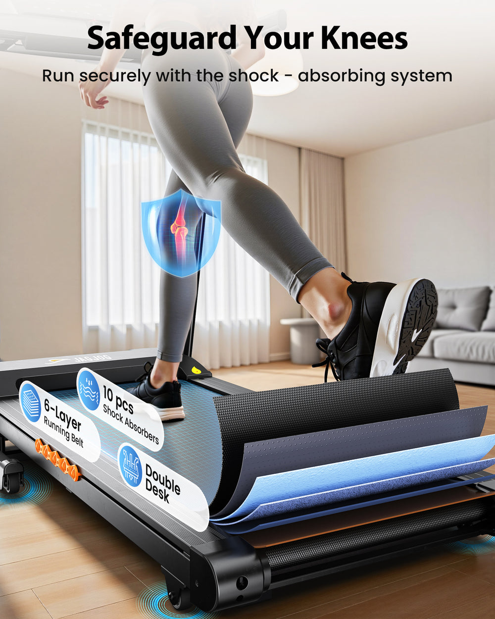 A person runs on a treadmill JT61 in a bright room, highlighting a knee protection feature with a shield graphic. The treadmill showcases its 6-layer running belt and 10-piece shock absorbers, emphasizing comfort and safety.