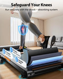 A person runs on a treadmill JT61 in a bright room, highlighting a knee protection feature with a shield graphic. The treadmill showcases its 6-layer running belt and 10-piece shock absorbers, emphasizing comfort and safety.