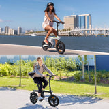 Two people ride electric bikes in separate settings. The top image shows a person in a helmet riding along a waterfront with city buildings in the background. The bottom image features another person cycling in a park-like area, surrounded by greenery and a modern building. Both riders appear relaxed and are enjoying the sunny day.