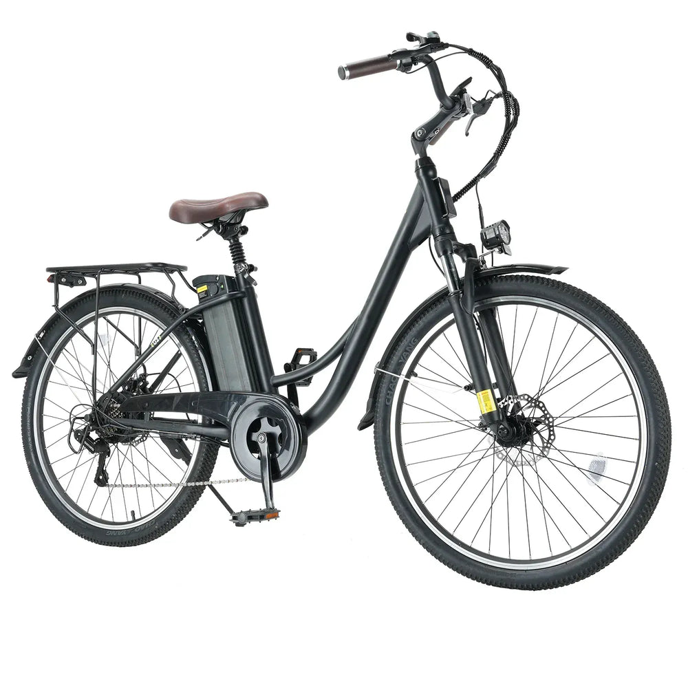 A sleek black electric bicycle featuring a step-through frame, brown saddle, and rear cargo rack, with visible battery pack and disc brakes on both wheels.