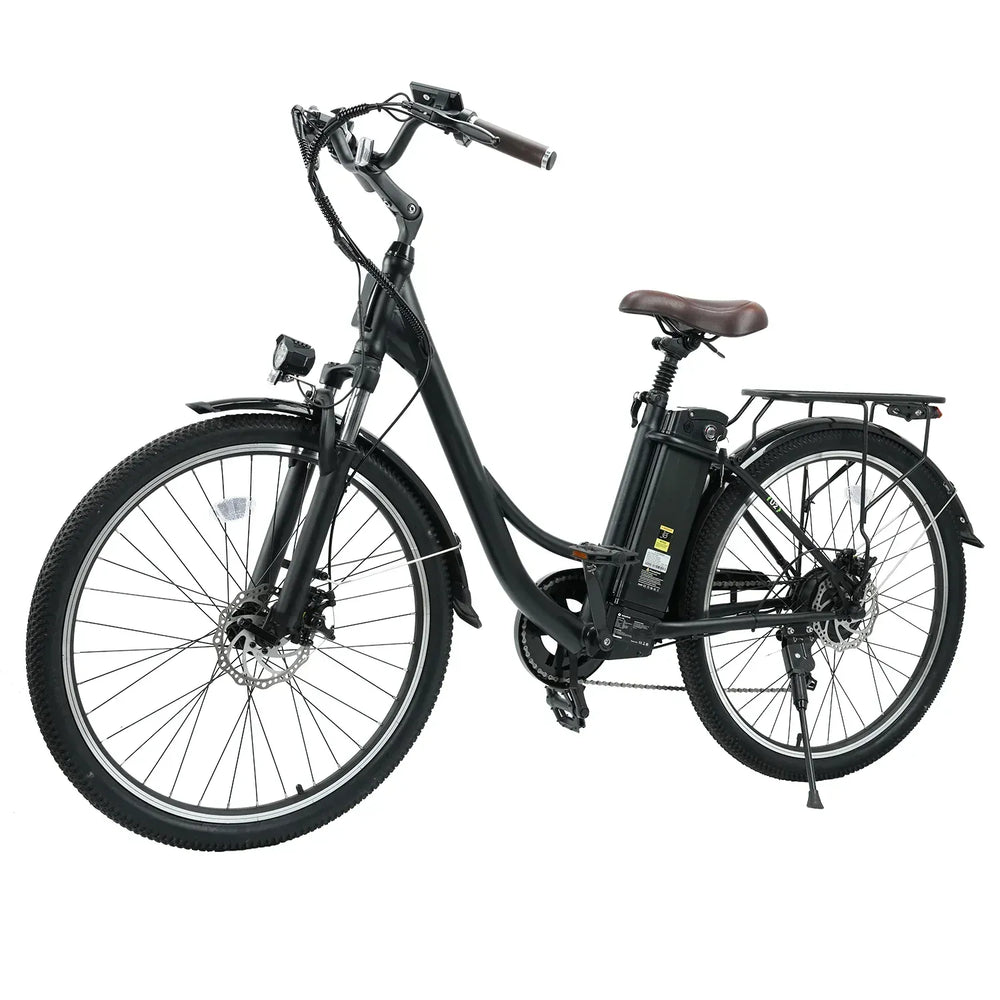 A sleek black electric bicycle with a step-through frame, featuring a brown saddle and handle grips, is equipped with a rear cargo rack and front light.