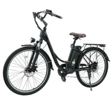A sleek black electric bicycle with a step-through frame, featuring a brown saddle and handle grips, is equipped with a rear cargo rack and front light.
