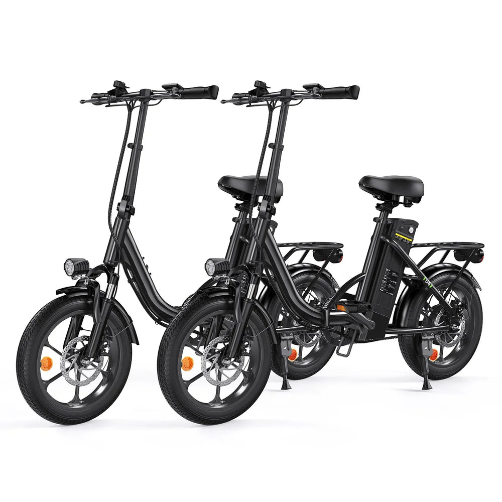 Two black electric bicycles on a white background