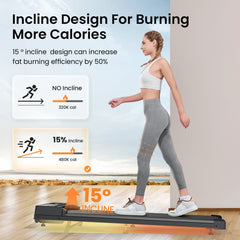 A woman in athletic wear walks on a treadmill JT31 set to a 15-degree incline, illustrating increased calorie burn. The image highlights a comparison chart showing 320 calories burned without incline and 480 calories with a 15% incline, emphasizing enhanced fat-burning efficiency.