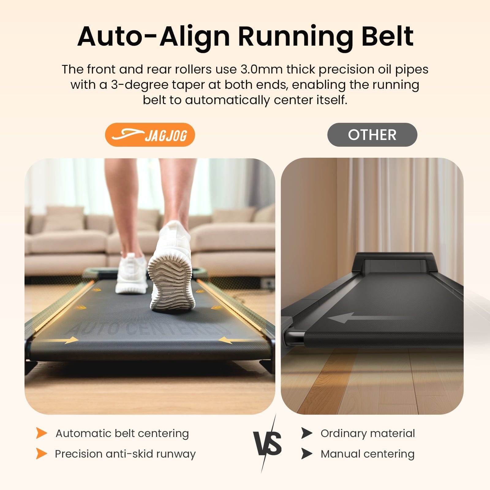 A comparison of two treadmill JT31 belts: the left shows a person walking on a JAGJOG treadmill with an auto-aligning belt featuring a precision anti-skid runway, while the right displays a standard treadmill with manual centering on a wooden floor.