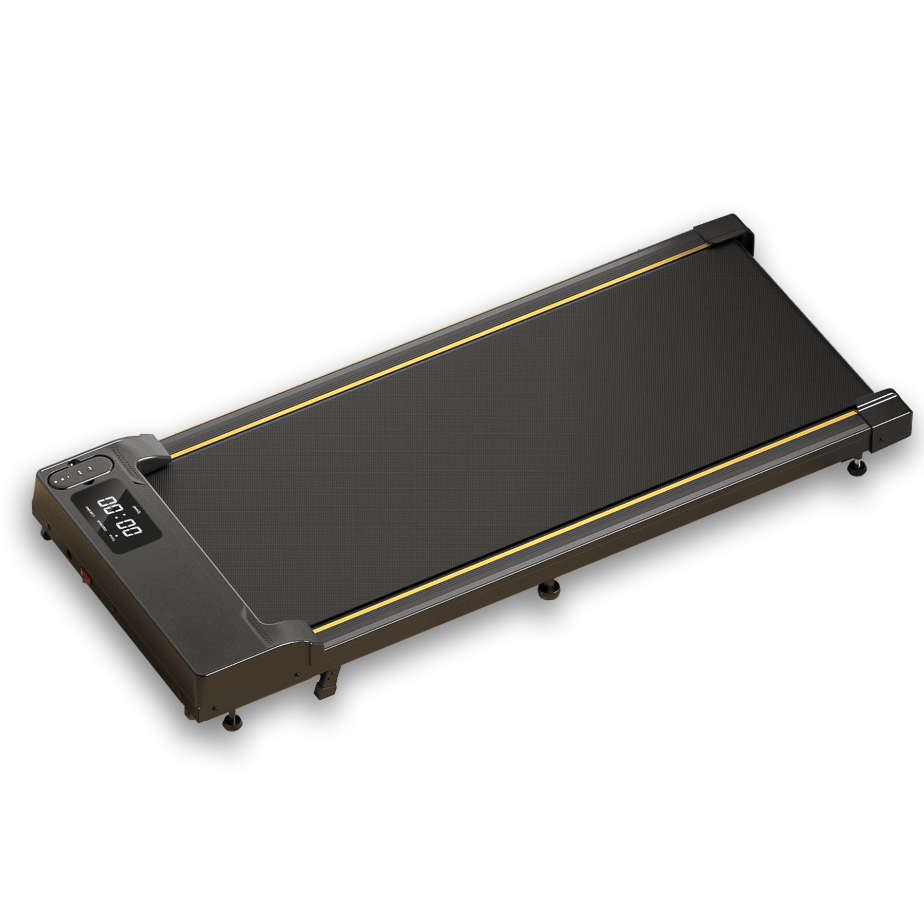 A sleek, black treadmill JT31 with a digital display showing "00:00" is set up on a white background, featuring yellow stripes along the sides and six visible support legs.